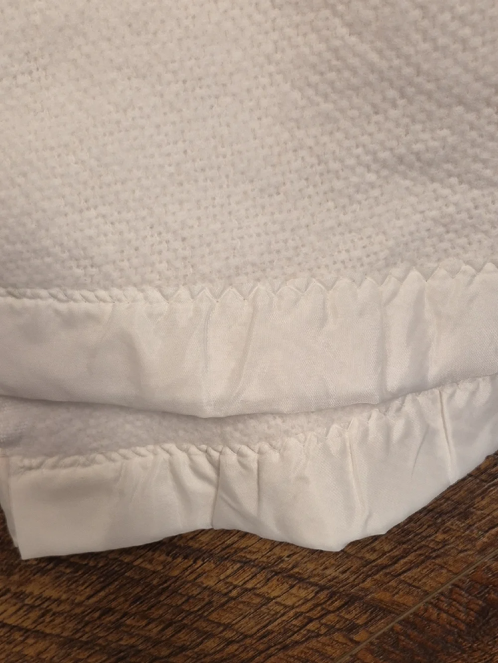 Vintage White Waffle Weave Blanket With Embroidered Satin Trim Around 85 X 85